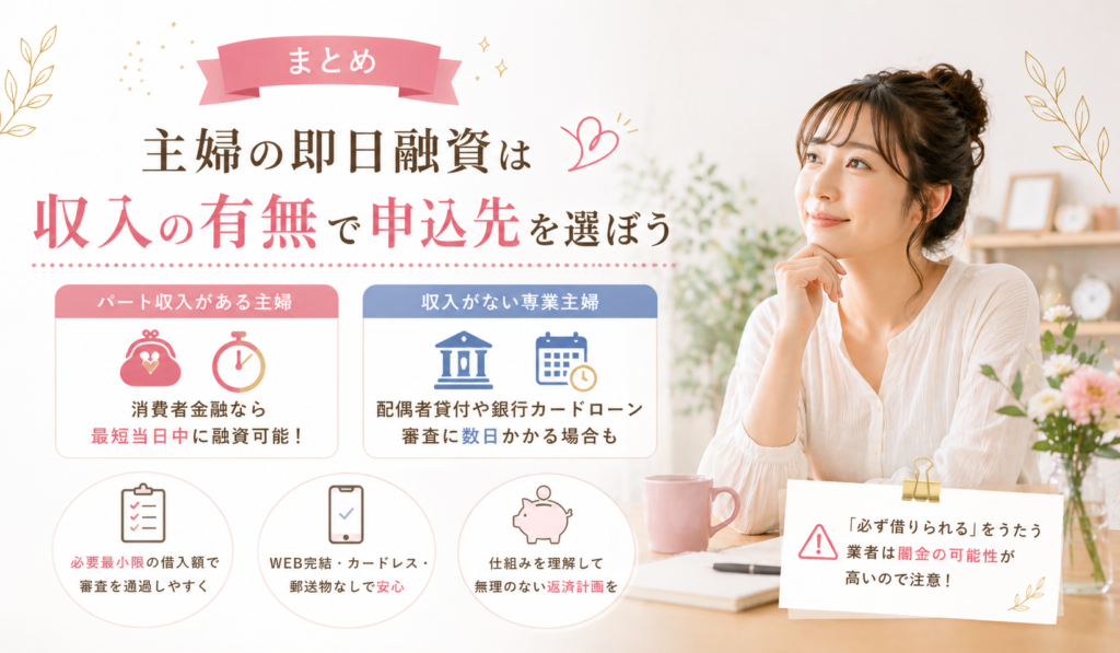 まとめ|主婦の即日融資は収入の有無で申込先を選ぼう